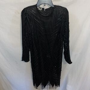Carina Vintage Women’s Beaded Fringe Dress Sz Medium Black Silk Going out Party